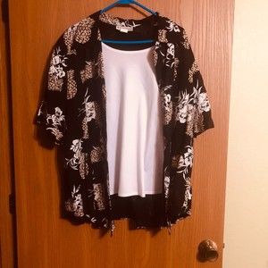 Womens white tank and black with pineapple print 2-in-1 blouse DressBarn 22 24